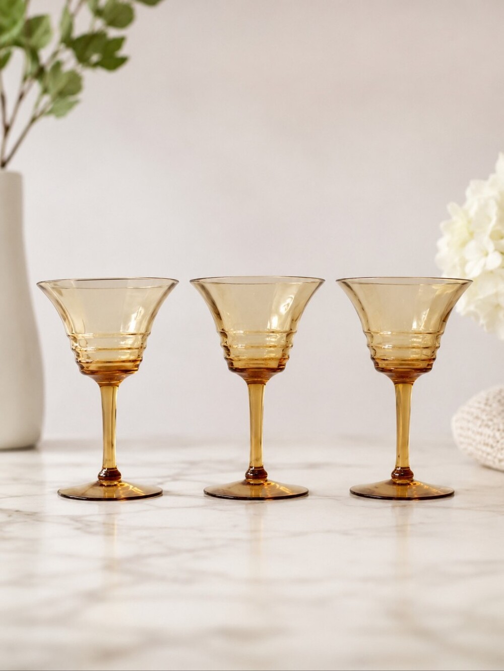 Vintage Amber Cocktail Glasses Set of 3 Flared Stemware Retro Barware 6 Inch
